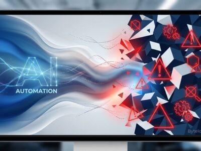Abstract visualization showing AI testing automation promises versus reality, with flowing gradients and geometric warning symbols
