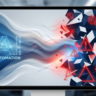 Abstract visualization showing AI testing automation promises versus reality, with flowing gradients and geometric warning symbols