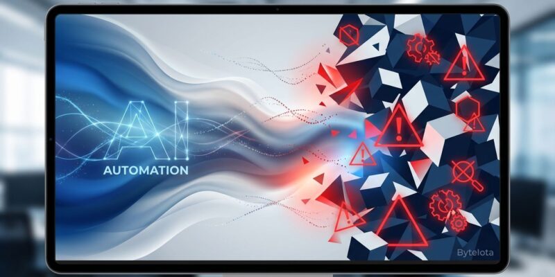 Abstract visualization showing AI testing automation promises versus reality, with flowing gradients and geometric warning symbols