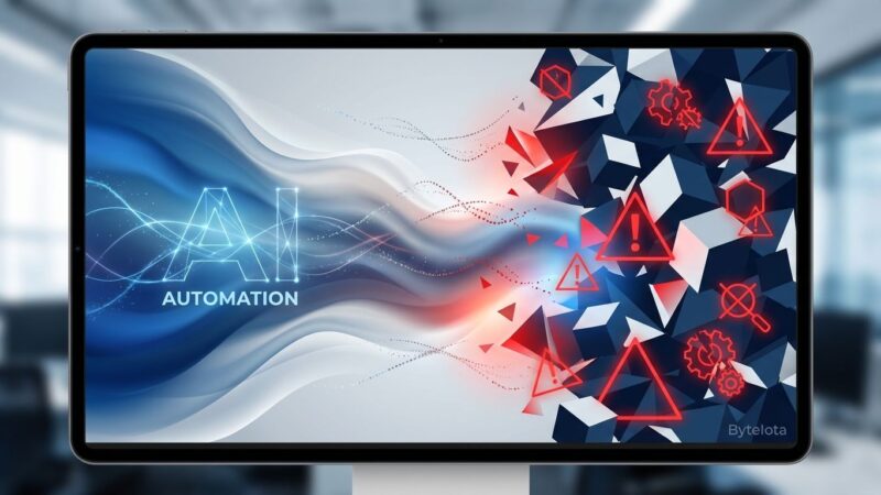 Abstract visualization showing AI testing automation promises versus reality, with flowing gradients and geometric warning symbols