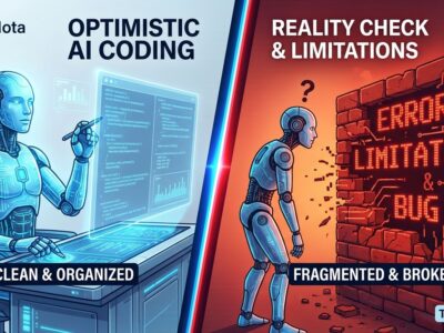 Split-screen illustration showing AI coding confidence on left versus hitting limitations wall on right