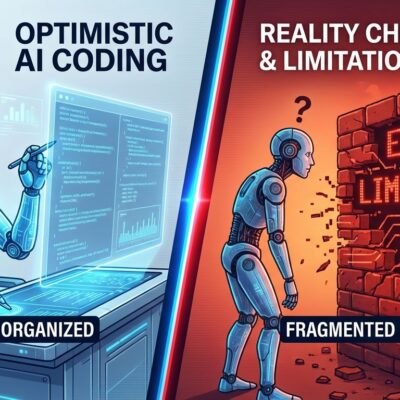 Split-screen illustration showing AI coding confidence on left versus hitting limitations wall on right