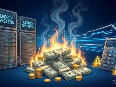 Burning money and legacy systems representing software project failures and wasted IT spending