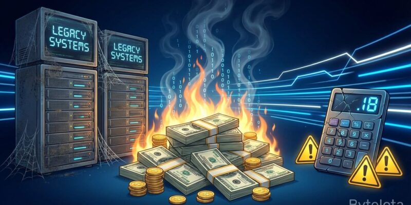 Burning money and legacy systems representing software project failures and wasted IT spending