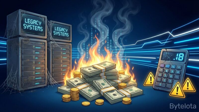 Burning money and legacy systems representing software project failures and wasted IT spending
