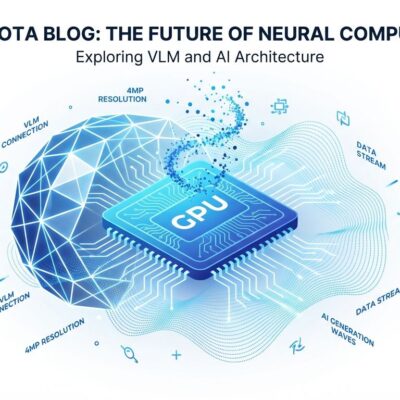 Abstract visualization of FLUX.2 visual AI model architecture with neural network nodes, GPU optimization, and VLM integration in blue and white
