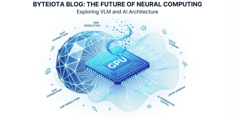 Abstract visualization of FLUX.2 visual AI model architecture with neural network nodes, GPU optimization, and VLM integration in blue and white