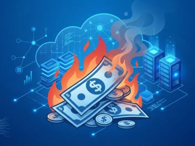 Burning money symbolizing cloud waste with server infrastructure background