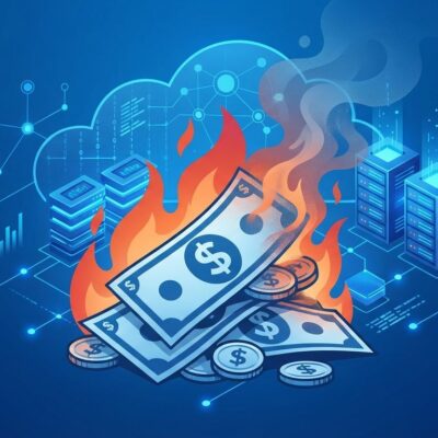 Burning money symbolizing cloud waste with server infrastructure background