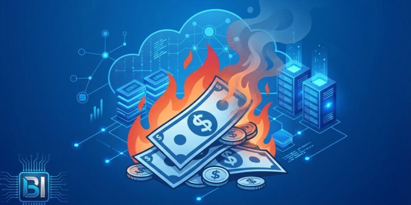 Burning money symbolizing cloud waste with server infrastructure background