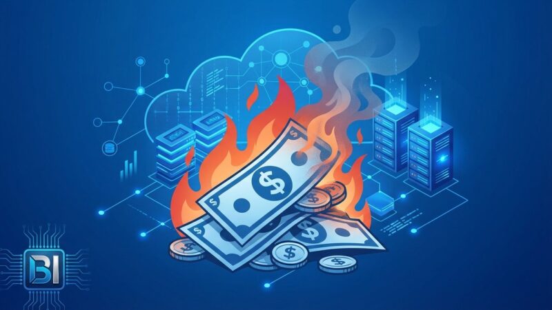 Burning money symbolizing cloud waste with server infrastructure background