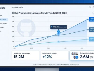 Data visualization showing TypeScript overtaking Python and JavaScript on GitHub in 2025 with 66% growth