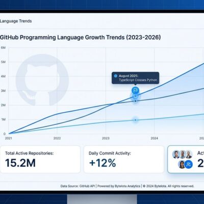Data visualization showing TypeScript overtaking Python and JavaScript on GitHub in 2025 with 66% growth