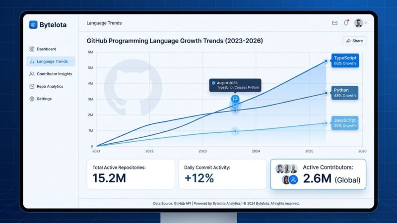 Data visualization showing TypeScript overtaking Python and JavaScript on GitHub in 2025 with 66% growth