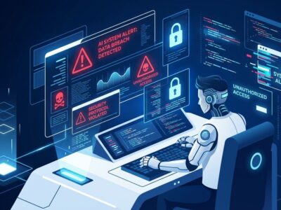 AI IDE security vulnerability illustration showing data breach and security warnings