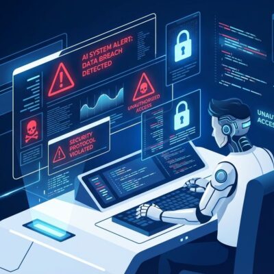 AI IDE security vulnerability illustration showing data breach and security warnings