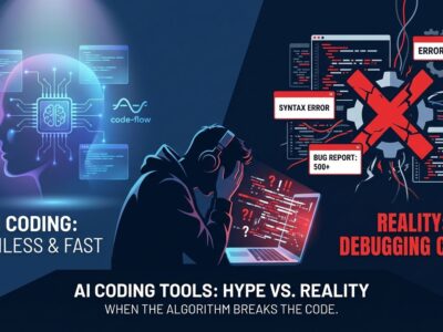 Split illustration showing AI coding hype versus reality, with developer frustrated at glitchy code