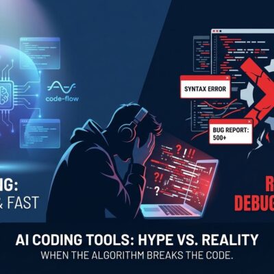 Split illustration showing AI coding hype versus reality, with developer frustrated at glitchy code