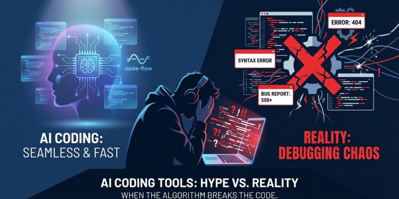 Split illustration showing AI coding hype versus reality, with developer frustrated at glitchy code