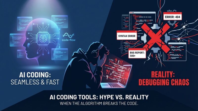 Split illustration showing AI coding hype versus reality, with developer frustrated at glitchy code