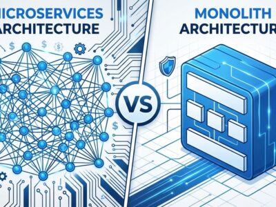 Split-screen visualization comparing complex microservices architecture on left with simplified monolith architecture on right