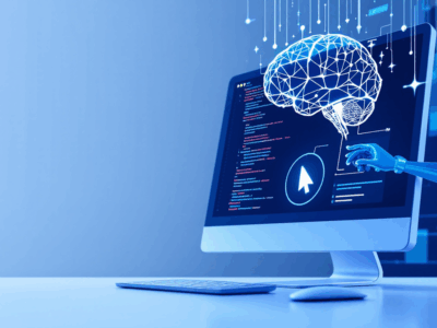 Abstract visualization of AI agent controlling computer interface with mouse cursor and GUI windows