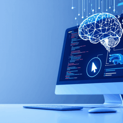 Abstract visualization of AI agent controlling computer interface with mouse cursor and GUI windows