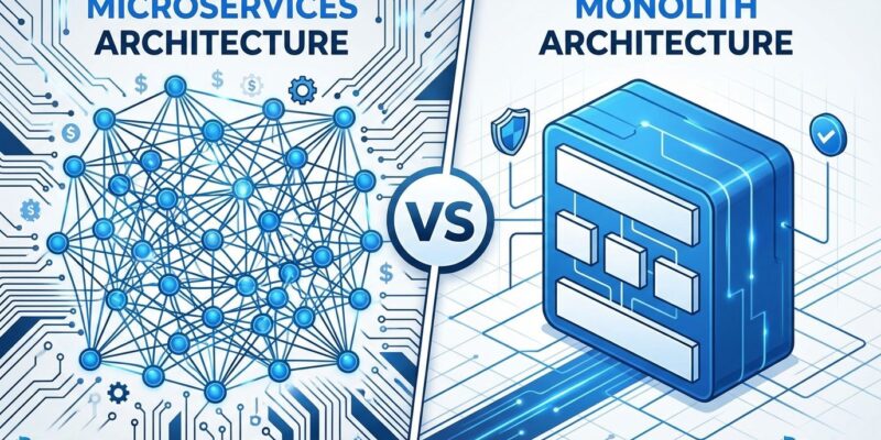 Split-screen visualization comparing complex microservices architecture on left with simplified monolith architecture on right