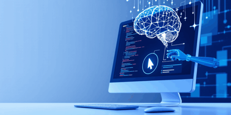 Abstract visualization of AI agent controlling computer interface with mouse cursor and GUI windows