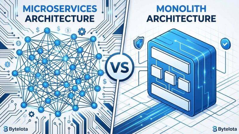 Split-screen visualization comparing complex microservices architecture on left with simplified monolith architecture on right