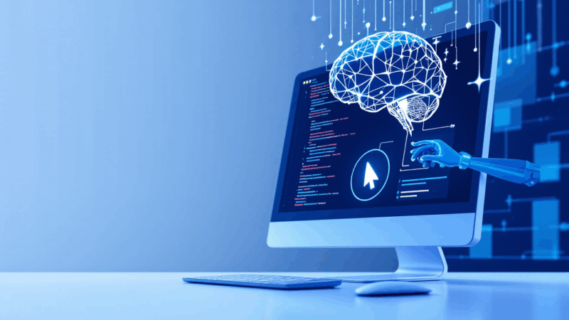 Abstract visualization of AI agent controlling computer interface with mouse cursor and GUI windows