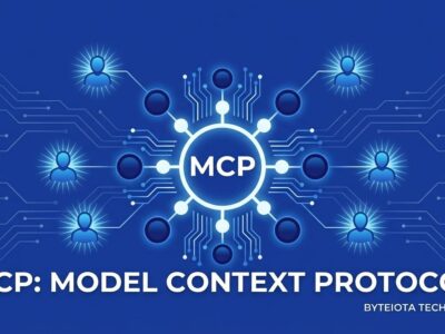 Network visualization representing Model Context Protocol with interconnected nodes and protocol symbols in blue and white