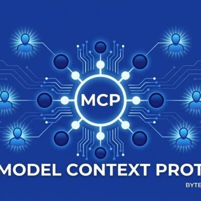 Network visualization representing Model Context Protocol with interconnected nodes and protocol symbols in blue and white