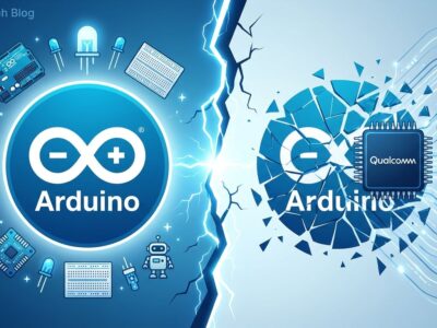 Arduino vs Qualcomm conflict visualization showing fractured Arduino logo