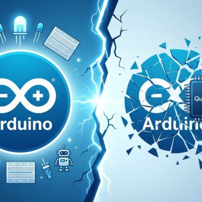 Arduino vs Qualcomm conflict visualization showing fractured Arduino logo