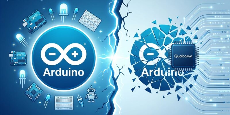 Arduino vs Qualcomm conflict visualization showing fractured Arduino logo