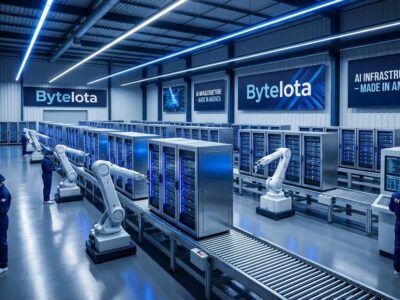 Modern AI data center manufacturing facility with server racks on production line