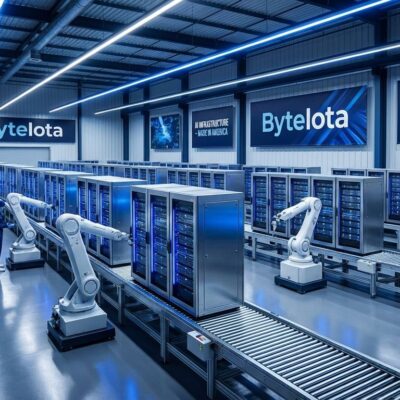 Modern AI data center manufacturing facility with server racks on production line