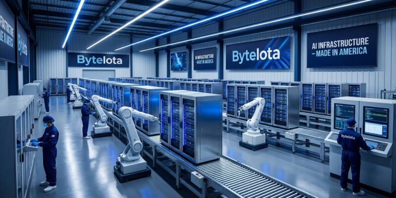 Modern AI data center manufacturing facility with server racks on production line