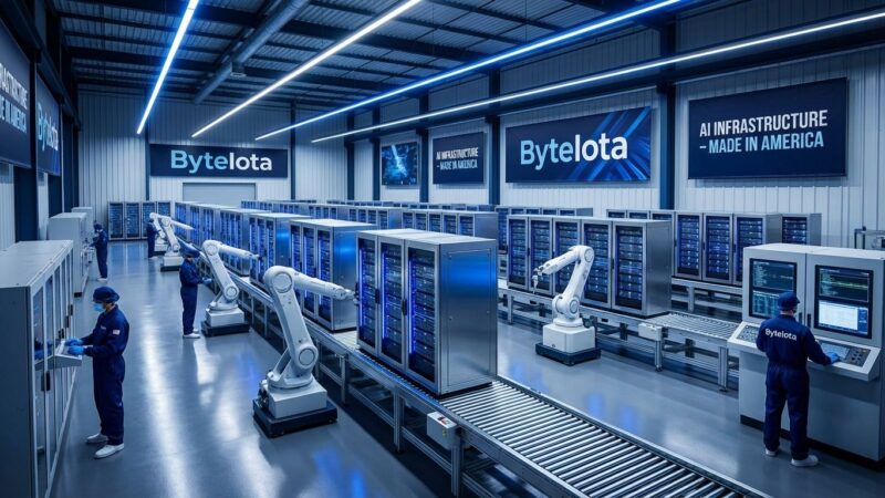 Modern AI data center manufacturing facility with server racks on production line