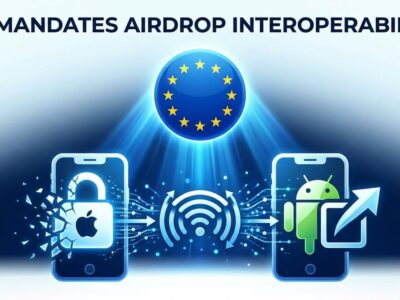 EU flag and smartphone icons showing AirDrop Android compatibility