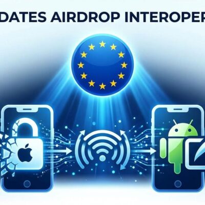 EU flag and smartphone icons showing AirDrop Android compatibility