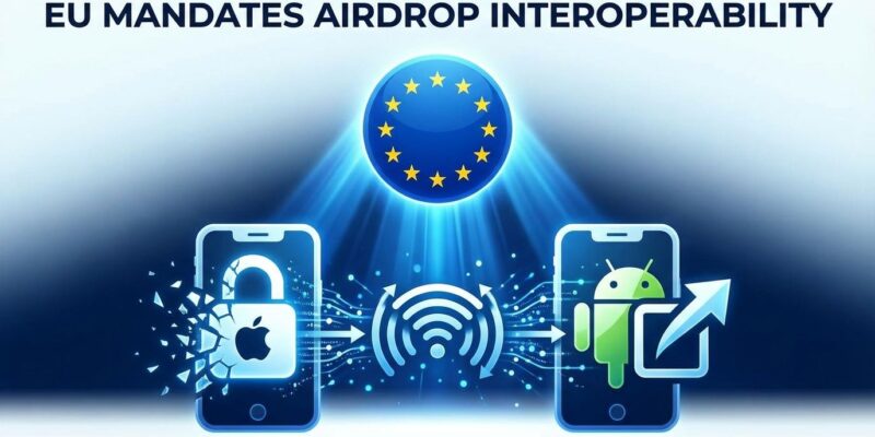 EU flag and smartphone icons showing AirDrop Android compatibility