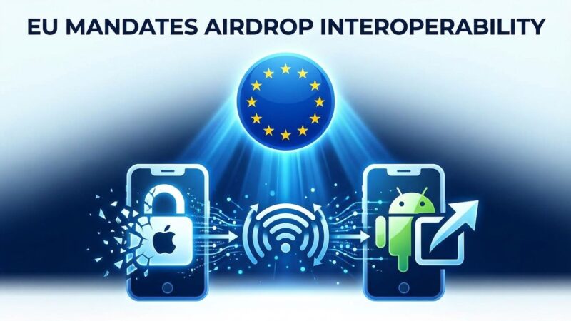 EU flag and smartphone icons showing AirDrop Android compatibility