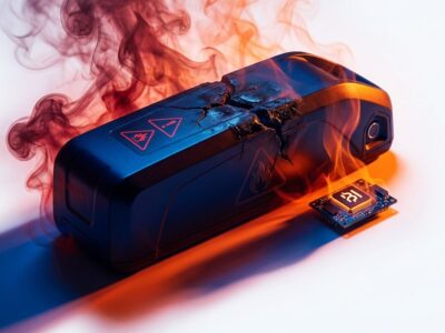 Damaged e-bike battery pack with fire hazard warning symbols