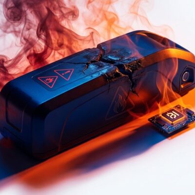 Damaged e-bike battery pack with fire hazard warning symbols