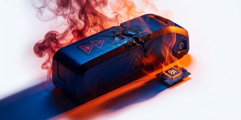 Damaged e-bike battery pack with fire hazard warning symbols
