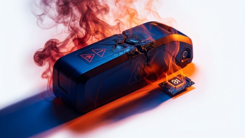 Damaged e-bike battery pack with fire hazard warning symbols