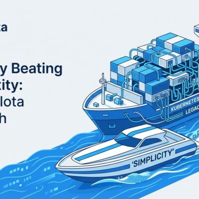 Kubernetes ship vs simple speedboat representing complexity vs simplicity