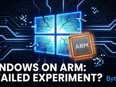 Broken Windows logo with ARM processor chip showing ARM Windows failure and discontinuation